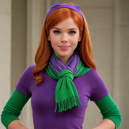 Daphne Blake,purple clothes,redhead,green scarf,purple headband,vibrant colors,very beautiful