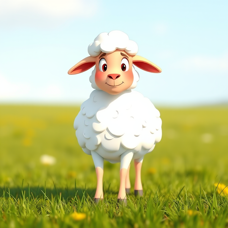 A cartoon-style sheep standing on a grassy field, shot with a Canon EOS 90D, 50mm lens, f/1.8, ISO 100, natural light, shallow depth of field, vibrant colors.