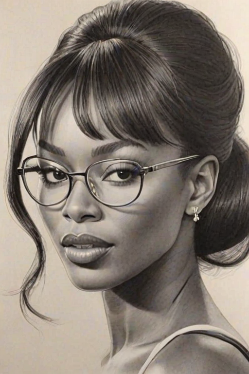 Captivating Naomi Campbell, pencil sketch, portrait of Alluring woman 1946s in glasses, hair style beatnik, outline, clear lines, fine lines, 8k