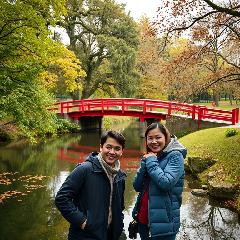 Capture a serene park scene featuring a red bridge over a tranquil river, with two people smiling and taking photos, surrounded by lush green trees and autumn foliage, using a Canon EOS R5, 85mm lens, f/1.8 aperture, ISO 100, and a shutter speed of 1/200 seconds to enhance depth of field and image clarity.