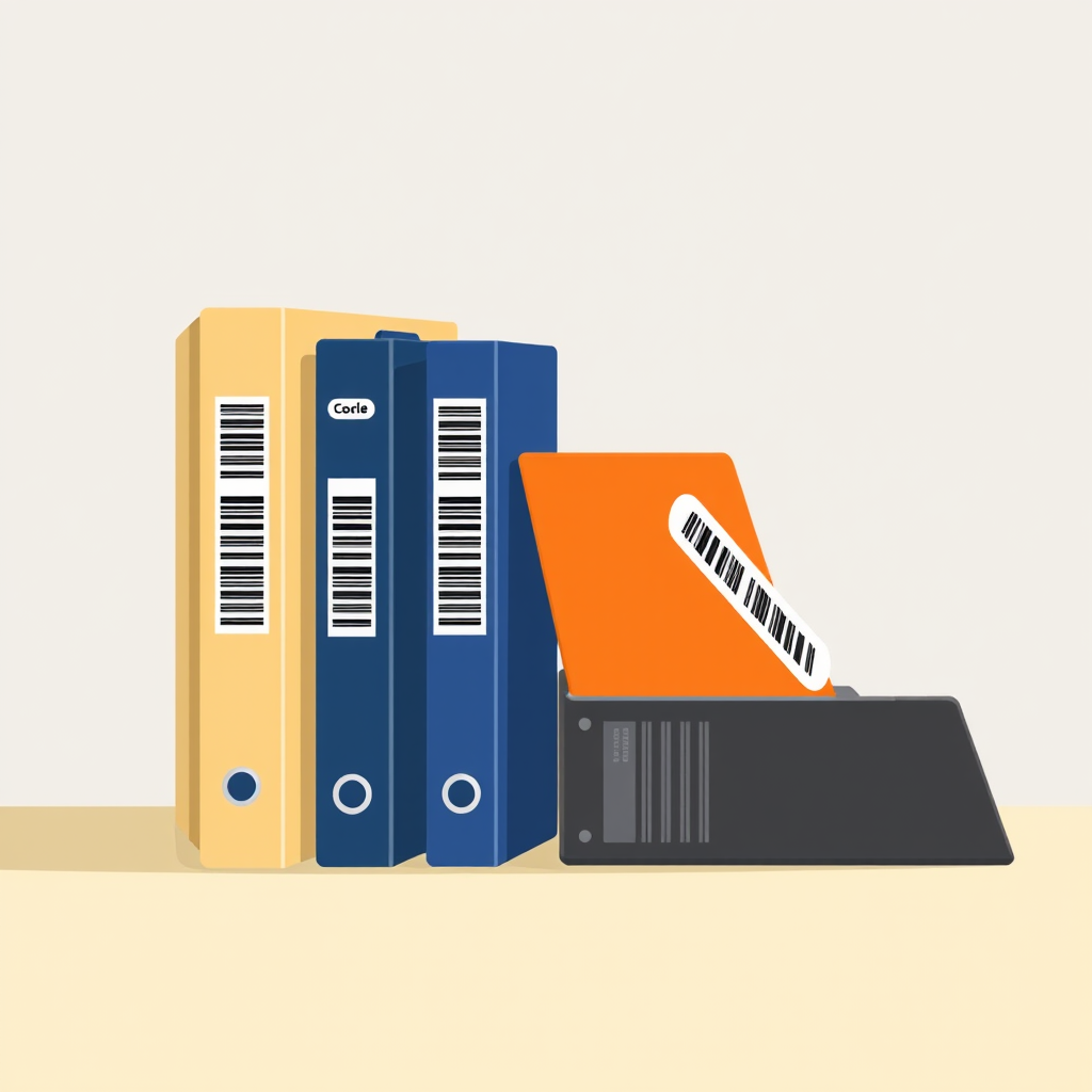 Create an illustration of four filing binders arranged in a slight diagonal line, showcasing different colors: beige, dark blue, orange, and dark gray, with barcode designs on the spines, in a flat design style, using a digital art technique with crisp lines and vibrant colors, captured with a 50mm lens at f/4, 1/125s shutter speed, natural light, and a subtle gradient background.