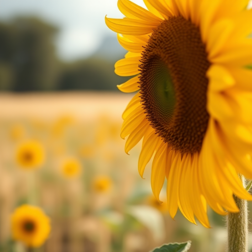 Close-up of a sunflower in a field with a blurred background, 85mm lens, f/1.8 aperture, ISO 100, shallow depth of field, natural light, DSLR camera.