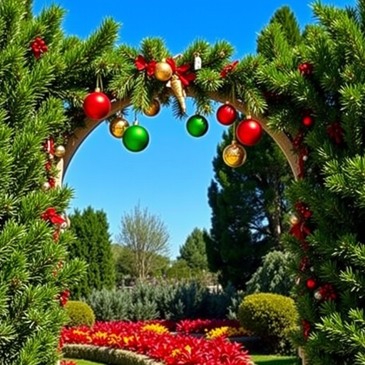 Create an image of a beautifully decorated outdoor archway surrounded by lush greenery. The archway should be adorned with colorful Christmas ornaments in red, green, and gold, hanging from pine branches above. The background should feature a well-manicured garden with vibrant plants under a clear blue sky.