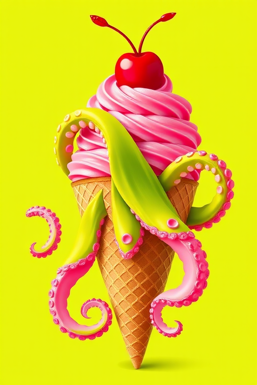 Create a vibrant illustration of an ice cream cone with pink swirl ice cream topped with a cherry, entwined by a bright green octopus tentacle, set against a solid lime green background, captured with a high-quality DSLR camera at f/2.8, 1/200s shutter speed, ISO 100, in macro mode with a shallow depth of field for a crisp focus.