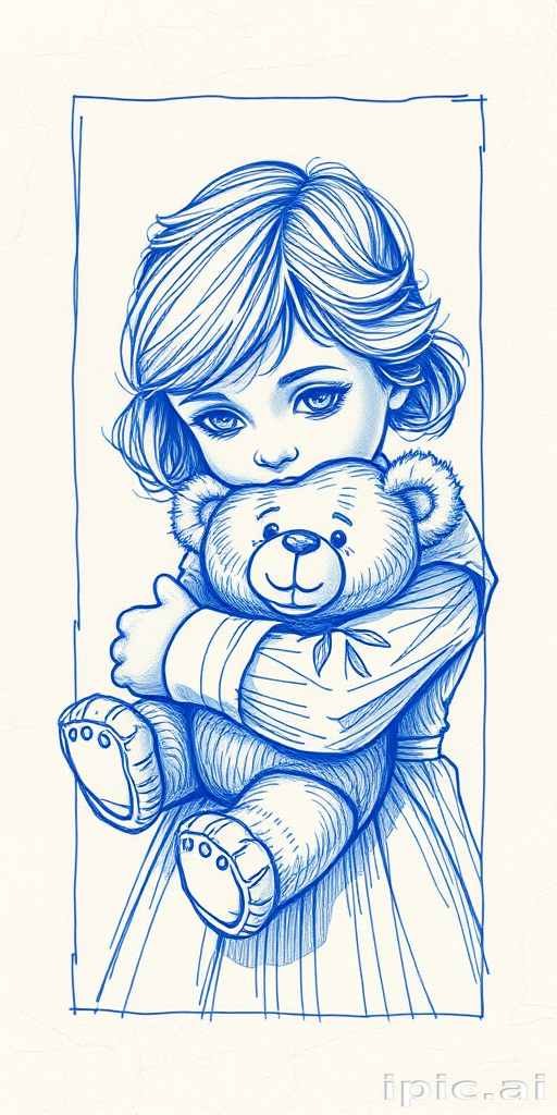Crosshatching framed postcard line art blue pen, drawing, pressed burnt crackled paper, beautiful delicate drawing, visible strokes, quick sketch abstract, expressive graceful girl child hugging teddy bear toy, portrait, by Royo Quinji, Rockwell, shadow play, rough textures, perfect face, dynamic movement