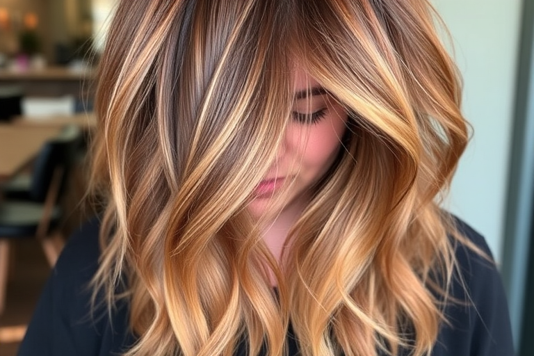 Earthy chestnut brown hair in the "Autumn Whisper" style showcases soft layers and warm balayage highlights