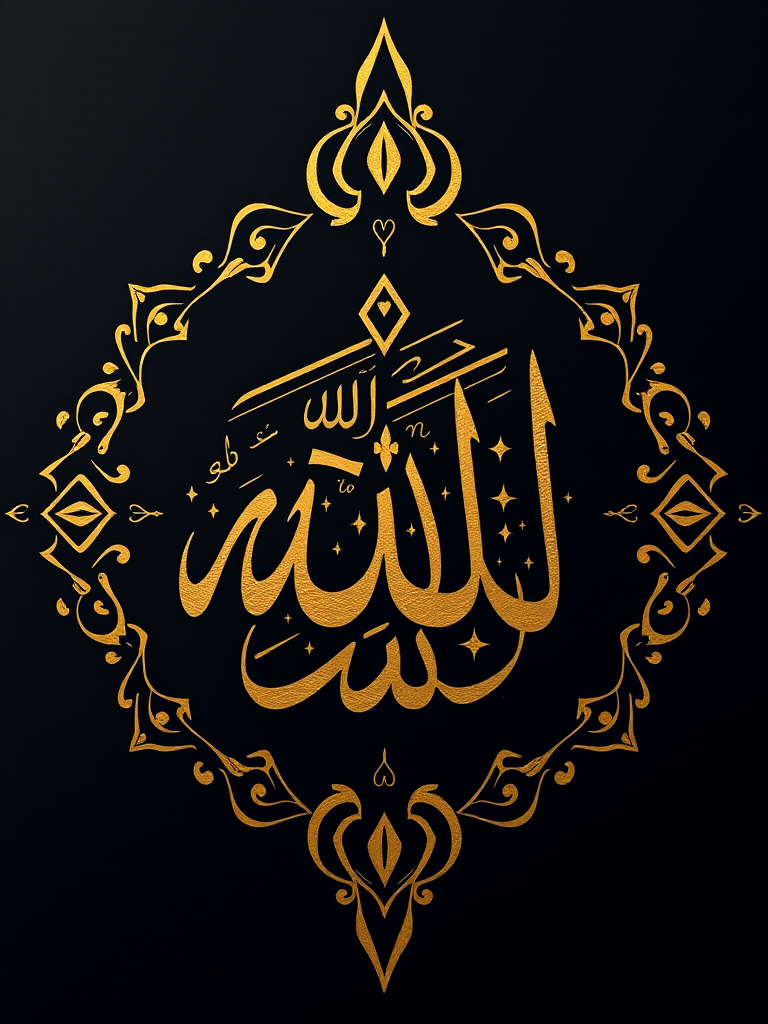 Create an intricate, gold Arabic calligraphy design on a black background featuring the names of Allah and Muhammad, shot with a Canon EOS R5 at f/2.8, ISO 100, 50mm lens, top-down view, using soft focus for a glowing effect.