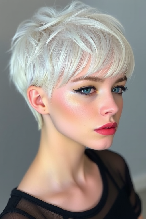 Pearlescent white pixie cut with holographic pastel highlights, the "Opal Dream" look radiates otherworldly beauty and ethereal charm