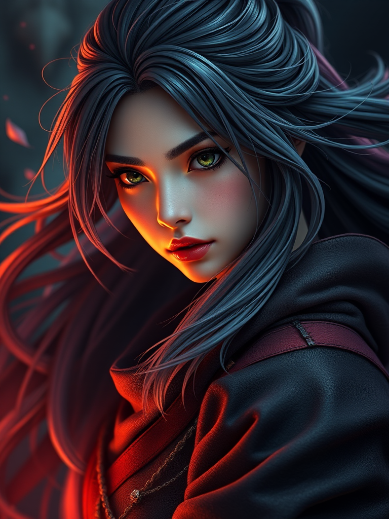 portrait of a female ninja character with flowing hair and intricate details, photographed with a Canon EOS R5, 85mm f/1.2 lens, ISO 100, shutter speed 1/200s, soft diffused lighting, capturing vibrant colors and sharp details in a mystical setting