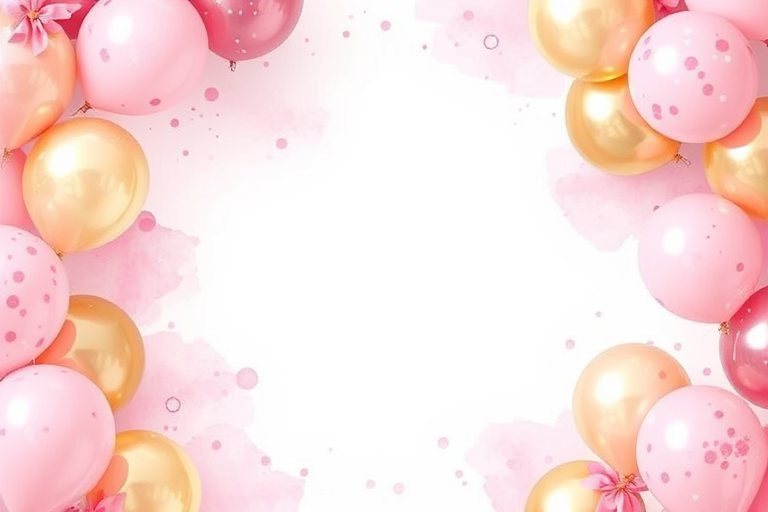 Generate a high-resolution image of a festive watercolor background featuring pink and gold balloons around a blank center, using a Canon EOS R5 with a 50mm lens, aperture f/2.8, ISO 100, and natural soft lighting to enhance color saturation and detail.