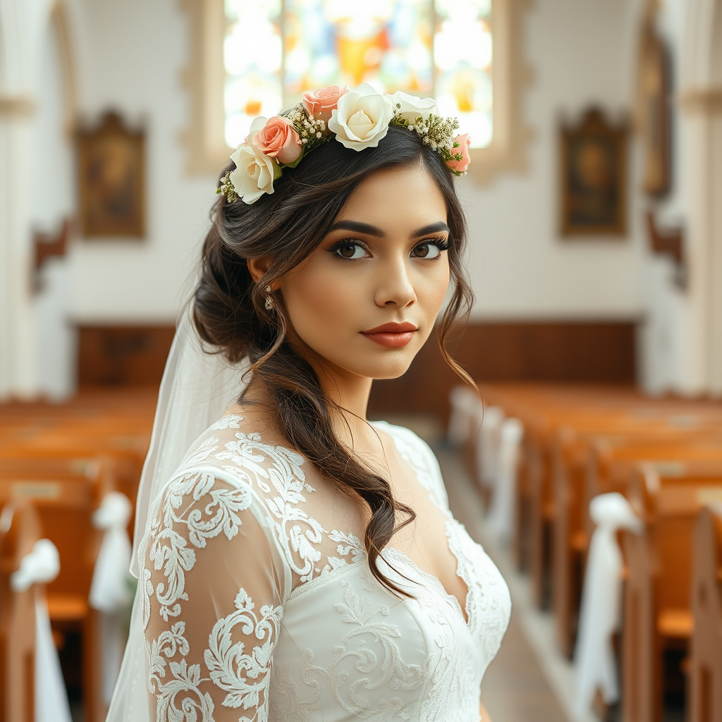 church scene, bridal model, delicate lace gown, floral headpiece, soft romantic focus, high-key lighting and an 85mm lens for soft, even tones that highlight the model’s face and bright outfit against a white or light background