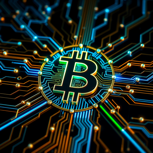 Imagine a Bitcoin symbol (₿) intricately designed as part of a futuristic, glowing circuit board. The ₿ is central, composed of metallic gold and silver lines, seamlessly blending into the web of circuits surrounding it. Blue and green LED-style lights trace through the circuits, making it look like Bitcoin is powering a digital network. The background is dark, with neon accents highlighting the tech vibe, symbolizing the digital and decentralized nature of Bitcoin