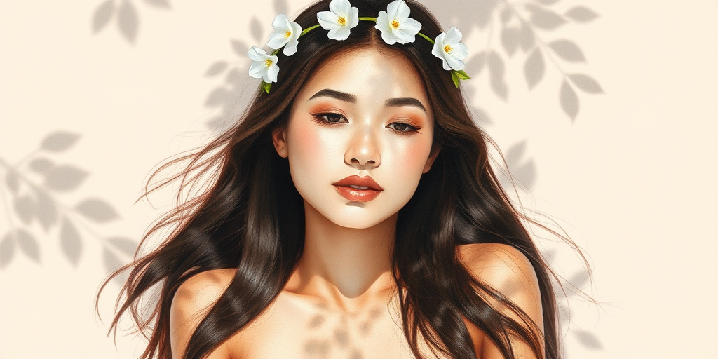 create a watercolor painting of an ethereal portrait of beautiful Malay woman with a simple white flower crown on her head. Her hair is long and she is lying on the ground. The sunlight on the trees casts shadows from the leaves on her face and body. The background is a neutral brown color that matches her skin tone. The image is minimalist and solid colors. This style is characterized by soft, delicate brushstrokes and a light, airy, contrasting color palette. High level of detail and play of light