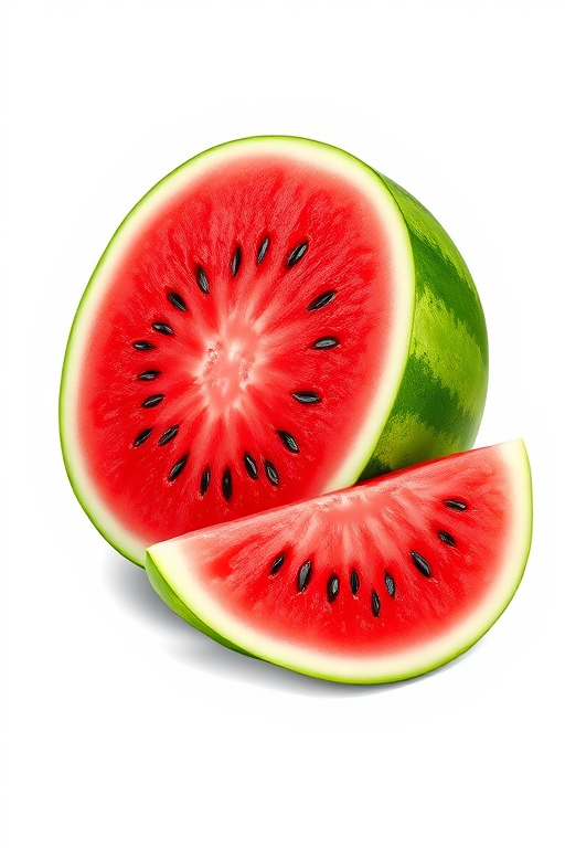 Create a vibrant illustration of a whole watermelon, partially sliced to reveal the juicy red interior with seeds, set against a clean white background, using a Canon EOS R5 camera with a 50mm lens, aperture f/1.8, ISO 100, and a shallow depth of field for enhanced clarity and color contrast.