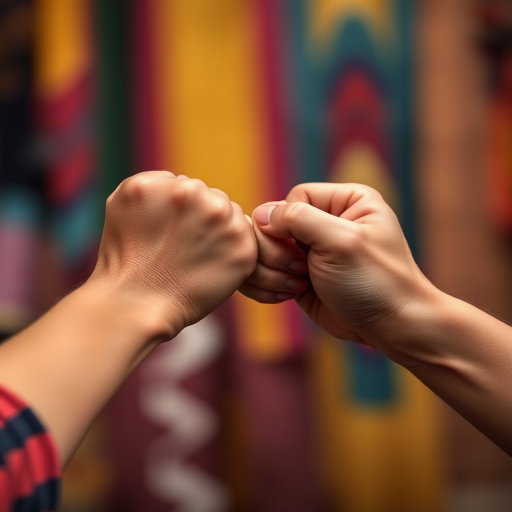 Two hands fist-bumping against a blurred colorful background, captured with a Canon EOS R5, 50mm lens, f/1.8 aperture, ISO 100, shutter speed 1/200s, in a soft-focus style for added depth.