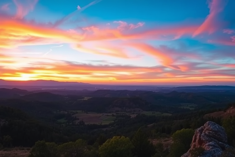 Create a high-resolution image of a scenic landscape at sunset with vibrant colors, using a DSLR camera with ISO 100, aperture f/11, shutter speed 1/125s, wide-angle lens, and a panoramic view to capture the horizon effectively.