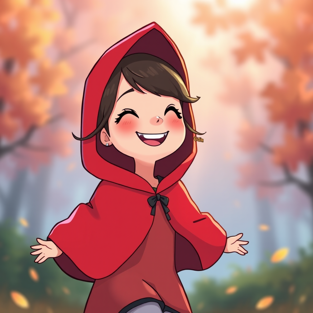 Generate an animated illustration of a girl in a red hooded cloak smiling and skipping joyfully, camera settings: f/2.8 aperture, 1/500 shutter speed, ISO 100, camera view: close-up, camera style: vibrant colors with high contrast, camera type: digital.