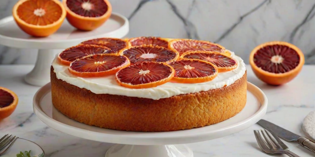 Create an image of a beautifully baked cake topped with thinly sliced blood oranges arranged in a decorative pattern. The cake should have a golden-brown crust and a light, fluffy interior with a slice cut out to reveal its texture. Include a fork next to the cake on a clean, white marble surface. The overall presentation should be inviting and appetizing.