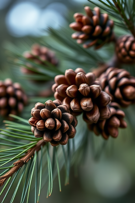 Close-up of pine cones on a pine tree branch with a bokeh background, using a Canon EOS 90D, 50mm lens, f/2.8 aperture, ISO 200, natural light, macro photography style.