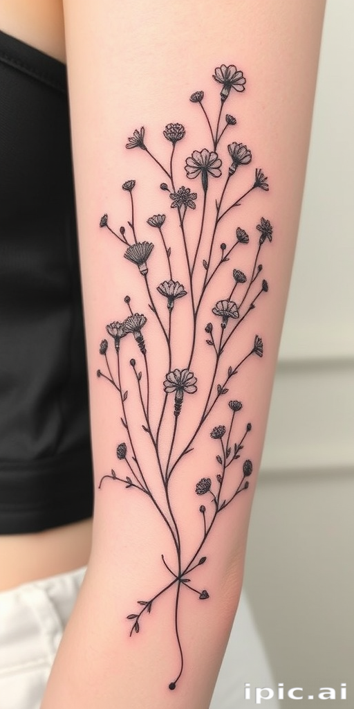 Delicate fine line tattoo titled "Whisper of Nature" depicting a detailed botanical illustration of wildflowers and vines with ultra-thin strokes and minimal shading creating a subtle and elegant design