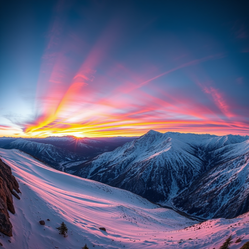 create a panoramic view of a snow-capped mountain landscape at sunset with vibrant colors in the sky, using a Canon EOS R5 with a 24mm lens, aperture f/8, ISO 100, and a shutter speed of 1/200 sec for enhanced depth and clarity