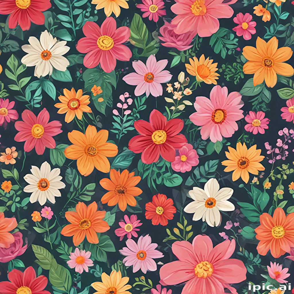 Vibrant Floral Pattern Featuring a Variety of Colorful Blooms and Leaves