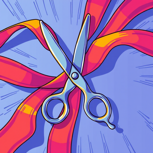 Create an illustration of a pair of scissors cutting through a ribbon, with vibrant colors and dynamic lines, captured in a top-down view using a DSLR camera at f/2.8 aperture, ISO 200, 1/60s shutter speed, with a vivid cartoonish style and enhanced contrast for sharpness.