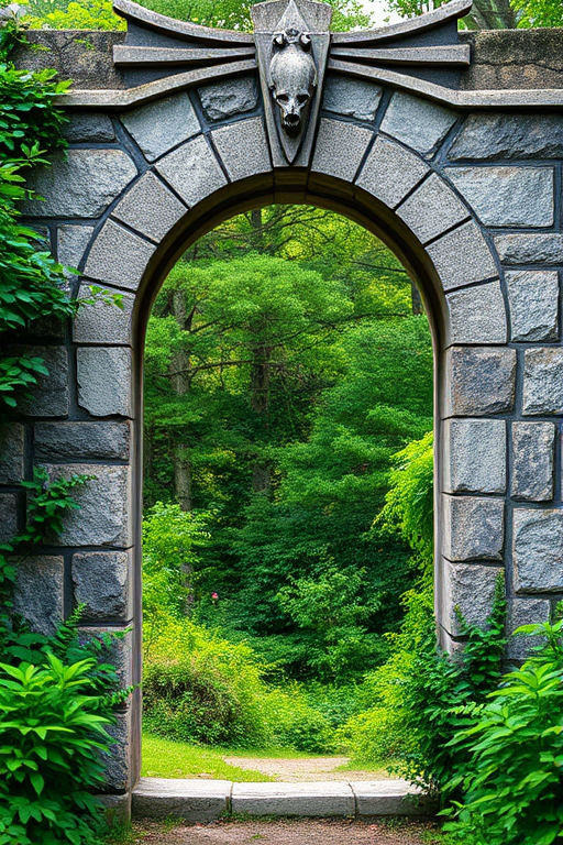 Create an image of a weathered stone archway surrounded by lush greenery, taken with a DSLR camera, f/8 aperture, ISO 100, 50mm lens, natural light, shallow depth of field, and a slightly low angle view.