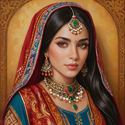 Create a portrait of a beautiful woman with striking hazel eyes and a gentle expression. She is adorned in traditional attire with intricate patterns, including a richly embroidered headscarf and matching garments. Her jewelry includes a delicate headpiece, dangling earrings, and ornate bracelets, all featuring vibrant gemstones and detailed metalwork. The background is soft and warm, enhancing the rich colors of her outfit and jewelry.