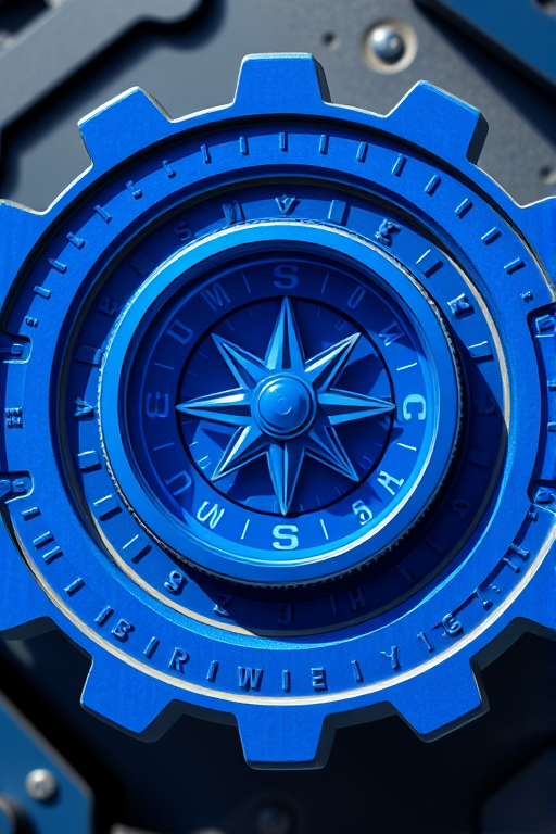 Create a high-resolution digital illustration of a blue compass integrated into a gear, with circuit patterns extending from both sides, using a 50mm lens, aperture f/8, ISO 100, shot in natural light from a front-facing view with minimal shadows, ensuring vibrant colors and sharp details.