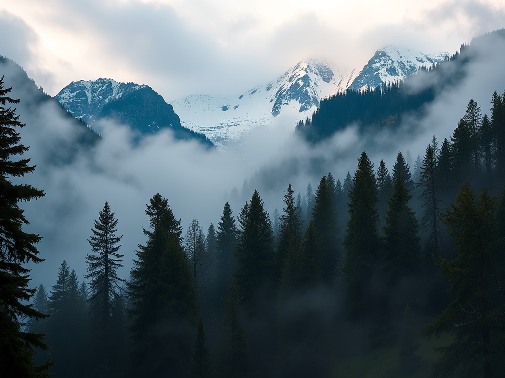 A misty mountain landscape with snow-capped peaks surrounded by evergreen trees in a forest, captured with a Canon EOS R5, 24-70mm lens, f/8 aperture, ISO 100, 1/250 sec exposure, low angle view, early morning light for enhanced clarity and mood.