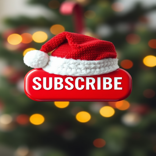 Create a festive graphic featuring a red button that says "SUBSCRIBE" in bold white letters, adorned with a Christmas hat on top, using a DSLR camera with a 50mm f/1.8 lens, shallow depth of field, natural lighting, and vibrant colors to enhance visual appeal.
