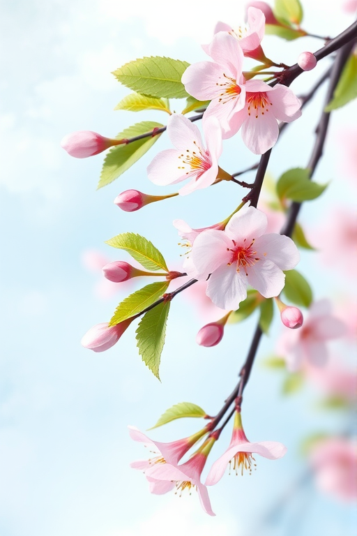 Create a high-quality, detailed illustration of a cherry blossom branch with soft pink flowers and green leaves against a light blue watercolor background, using a Canon EOS R5, 50mm lens, aperture f/1.8, ISO 100, and a shallow depth of field for enhanced clarity and softness.