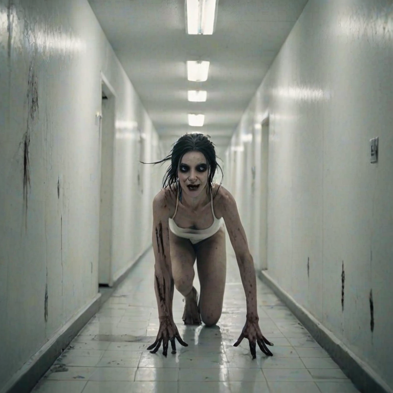 a crooked female with long arms and a creepy smile is crawling along a long white corridor and you can also see cockroaches in it there is a creepy atmosphere creepy art style