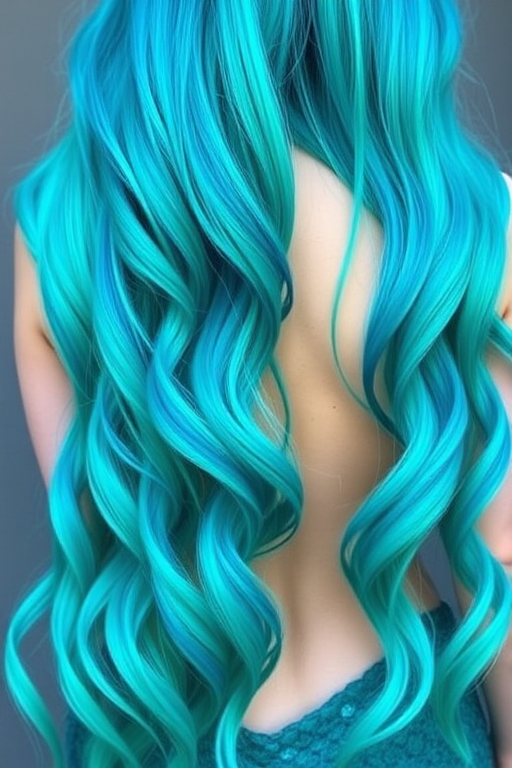 Vibrant teal mermaid locks flow gracefully down to the waist, featuring an ombre effect that transitions from deep ocean blue to seafoam green, embodying the essence of a mystical sea creature in the "Siren's Song" style