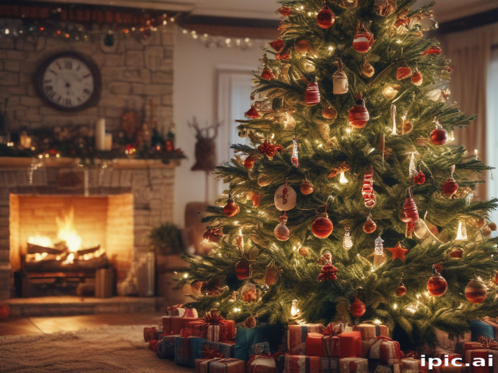 A Cozy Christmas Scene Featuring a Beautifully Decorated Tree and Fireplace