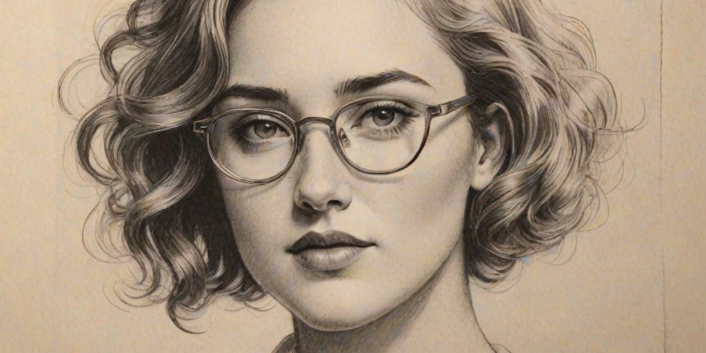 Elegant Ashley Johnson, pencil sketch, portrait of Gorgeous woman 1923s in glasses, hair style beatnik, outline, clear lines, fine lines, 8k