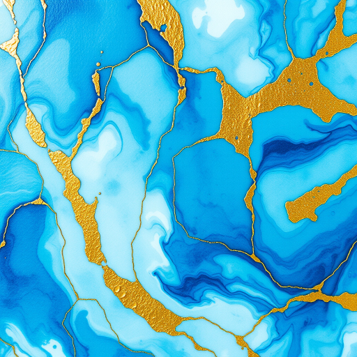 Create an abstract watercolor image with swirling blue and teal hues, accented with gold veins, captured with a Canon EOS R5, 50mm lens, f/1.8 aperture, ISO 100, in a top-down view, using natural soft light for enhanced vibrancy and clarity.