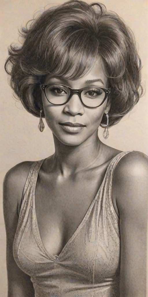 Charming Whitney Houston, pencil sketch, portrait of Stunning woman 1925s in glasses, hair style beatnik, outline, clear lines, fine lines, 8k