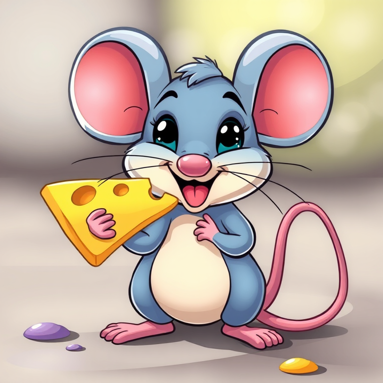 Cartoon mouse holding a piece of cheese, bright colors, vector style, high resolution, 300 dpi, using a digital drawing tablet, soft focus background.