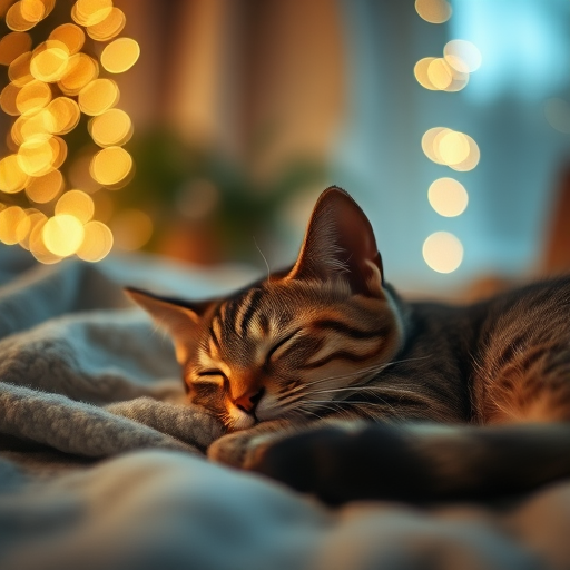 a cozy indoor scene featuring a sleeping cat on a blanket, softly lit by warm bokeh lights in the background, captured with a Canon EOS R5, 50mm lens, f/1.8, ISO 200, 1/60s, using natural light for a soft focus effect.
