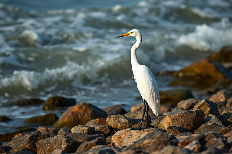Regenerate the image of a white egret standing on rocks near the shore with crashing waves in the background, captured with a Canon EOS 5D Mark IV, 200mm lens, f/4 aperture, ISO 400, in natural light from a low angle to enhance detail and depth.