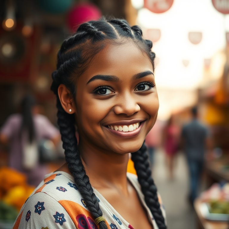 Portrait of a young woman with braided hair smiling in a festive outdoor market setting, shallow depth of field, aperture f/2.8, ISO 100, shutter speed 1/200s, taken with a Canon EOS R5, using a 50mm lens for a warm and soft background.