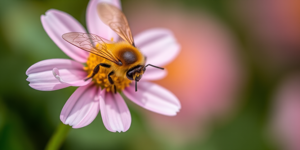 macro shot of a bee on a flower with a blurred background, using a DSLR camera with a 100mm f/2.8 macro lens, aperture f/4, shutter speed 1/200s, ISO 100, natural light, focus on the bee, shallow depth of field