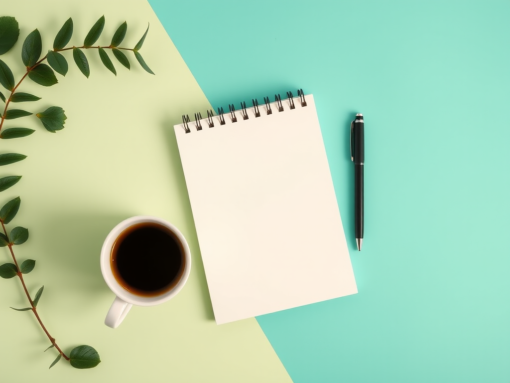 Still life composition featuring a blank spiral notebook, a black pen, and a cup of coffee on a split background of light green and teal, captured with a Canon EOS R5, 50mm lens, aperture f/1.8, shutter speed 1/125s, ISO 100, overhead view, soft natural lighting for enhanced clarity and detail.