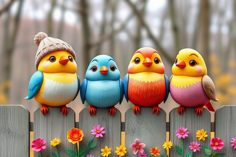 create a scene of 4 quirky  whimsical colourful comical birds each with a funny expression. they are sat on a wooden fence with colourful flowers. they are all different sizes. each one is a different colour  one is wearing a woolly hat. Each one has a different quirky google expression and there is a muted background of trees watercolour paintierly style high definition 8k resolution 3D paper mache