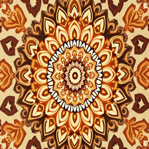 Create a mandala design featuring intricate patterns in warm browns and cream, with a symmetrical arrangement, high resolution, 50mm lens, f/8 aperture, balanced lighting, shot from an overhead view using a DSLR camera.