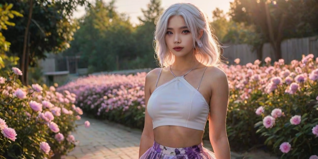 masterpiece, best quality, 1girl, white hair, purple eyes, glowing eyes, crop top, skirt, parted lips, blush, night, flowers, sun, sunlight,