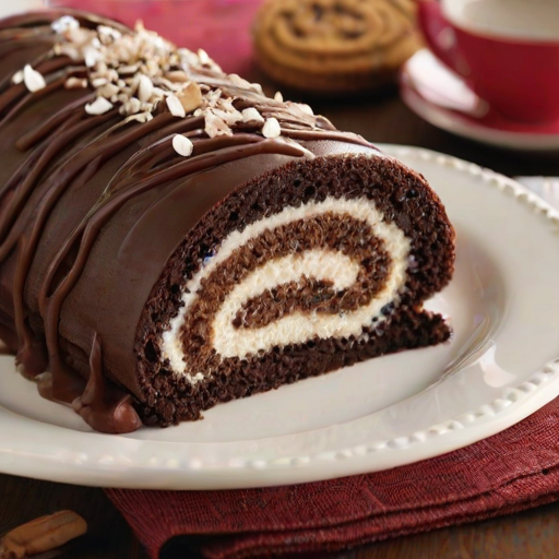 Create an image of a chocolate roll cake filled with a creamy filling and adorned with crushed cookies on top. The cake should have a rich, dark color and a swirl of the filling visible when sliced. Include a few whole cookies nearby for decoration. The setting should be bright and inviting, emphasizing the dessert's deliciousness.