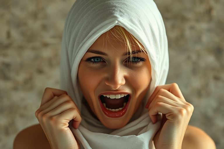 Create a close-up photographic image of a Caucasian woman with light skin tones shown against an old, worn wall. Their head is wrapped in a white cloth covering (i.e.... parts of the head except the nose and mouth, which are open as if they are screaming...), with a slight texture and visible folds in the fabric. Thin strands of blonde hair escape from the wrapping above, falling lightly at the top and sides. Their hands hold the fabric as if they are tugging nervously. The lighting is dramatic and even, casting strong shadows. The image has a minimalist and surreal style with an emphasis on simplicity with soft color tones. The composition is centered.
